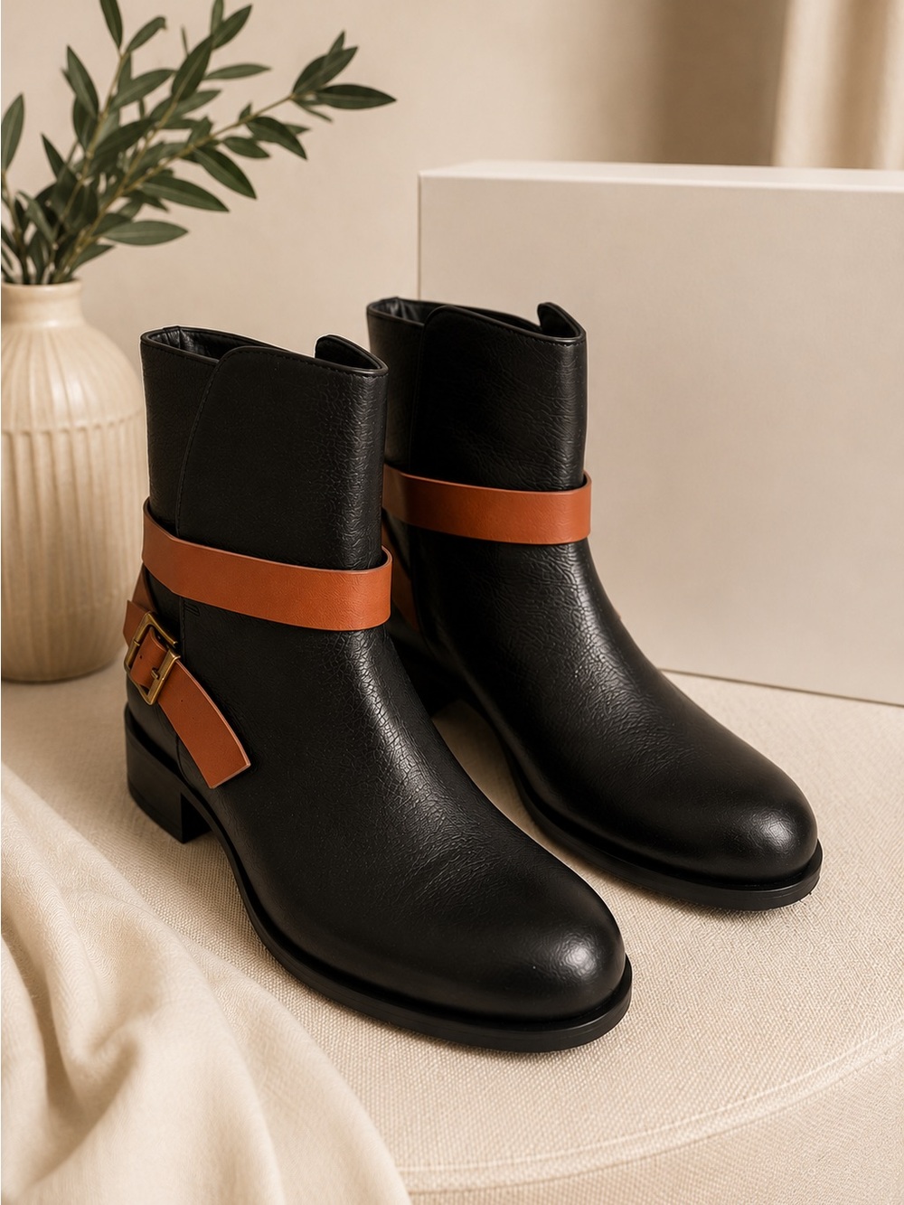 Marina Rinaldi Laconico Leather Ankle Boots Black Brown Strap